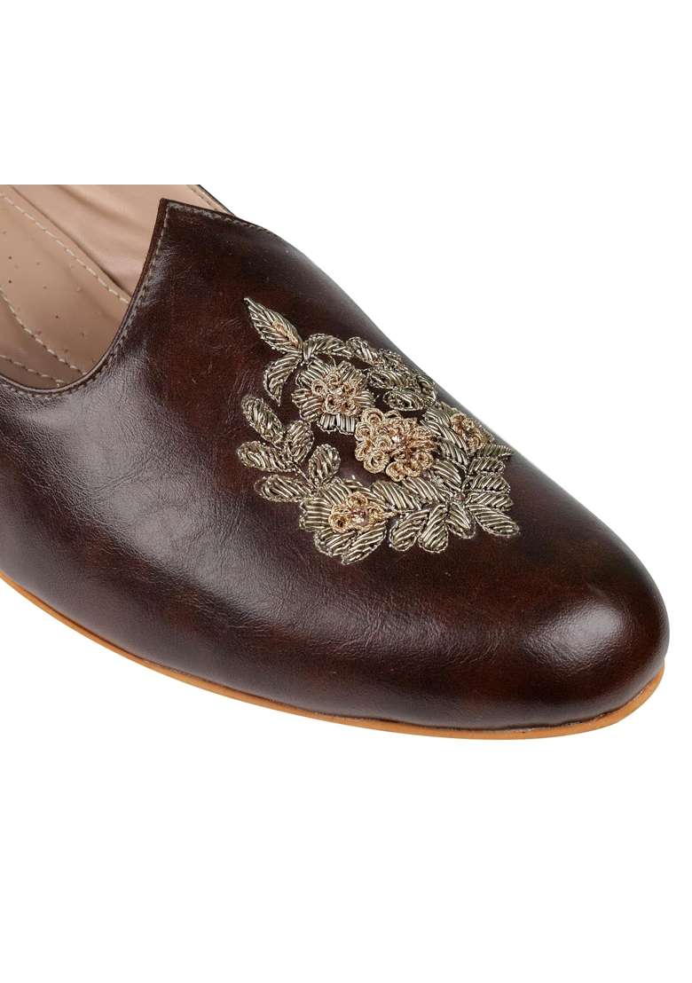 Tanny Shoes Mens Faux Leather Ethnic Shoes with Zari Embroidered Floral Design Brown Ethnic Shoe Juti - Indya
