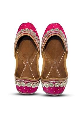 Ethniq Walks Designer Stone Embellished Vibrant Pink Jutti Flat Slip