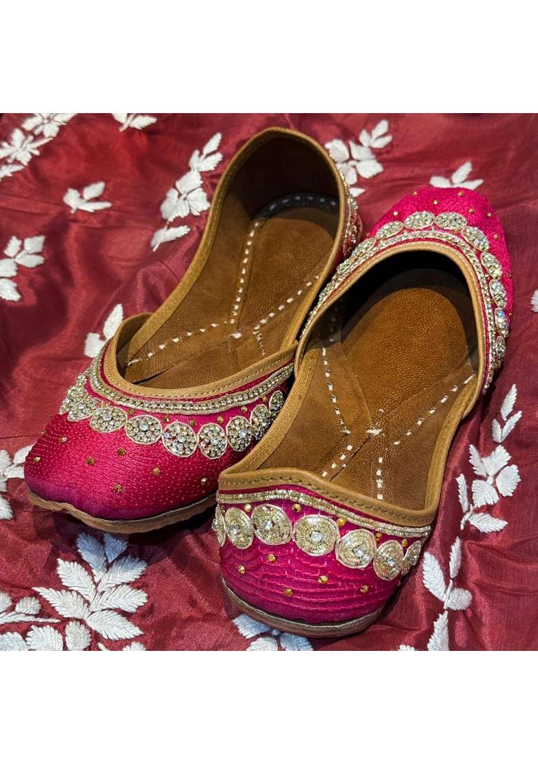 Ethniq Walks Designer Stone Embellished Vibrant Pink Jutti Flat Slip - Indya