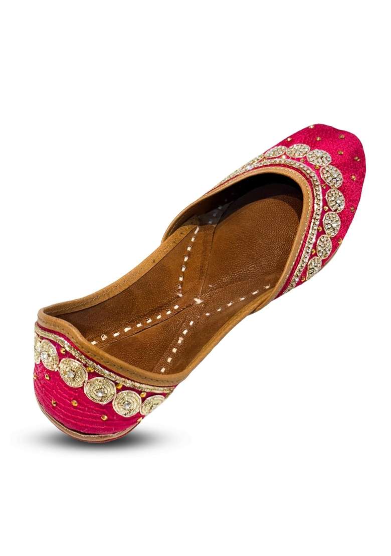 Ethniq Walks Designer Stone Embellished Vibrant Pink Jutti Flat Slip - Indya