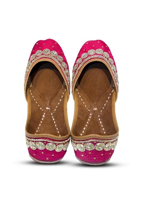 Ethniq Walks Designer Stone Embellished Vibrant Pink Jutti Flat Slip