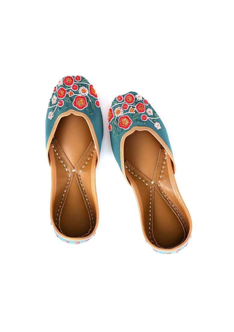 Summery Green Floral Jutti for Ladies Pure Leather Ladies Jooties Flat Shoes Mojari Mojri Mojdi Juti Mojaris - Indya
