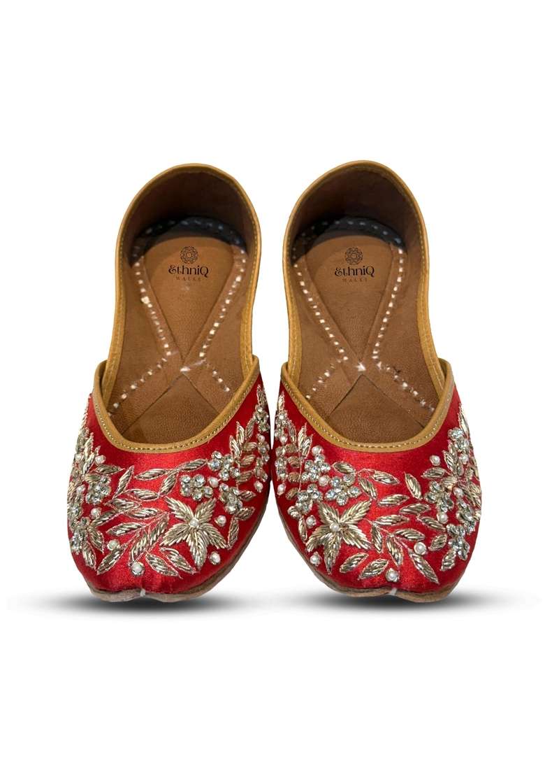 Ethniq Walks Crimson Jeweled Wedding Juttis Flat Slip - Indya