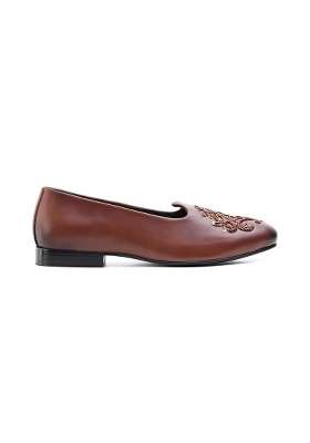 Monkstory Mens Classic Embroidered Mojari Shoes Brown