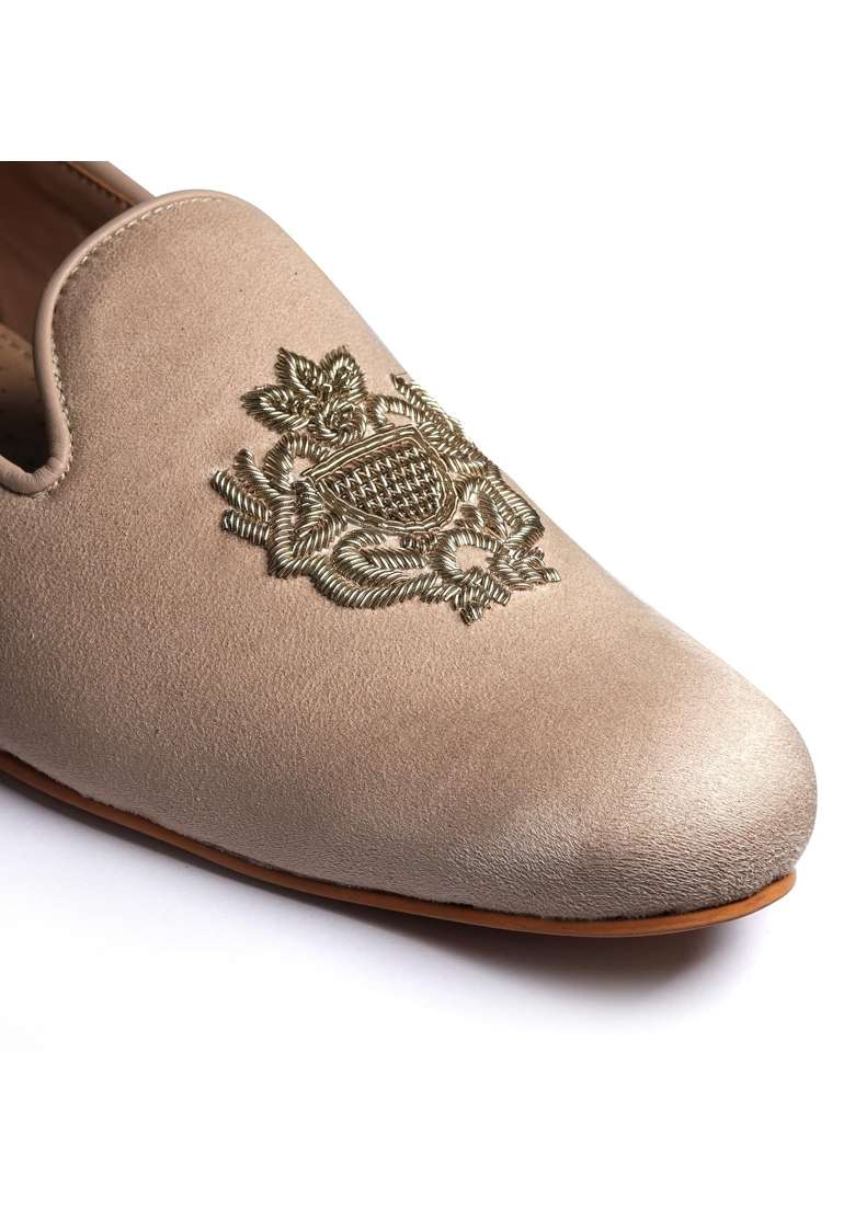 Tanny Shoes Mens Beige Colour Suede Embroidered Pattern Juttis for Wedding - Indya