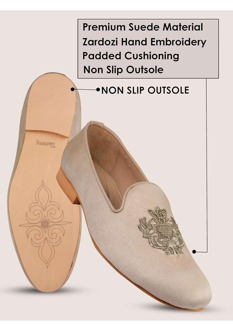 Tanny Shoes Mens Beige Colour Suede Embroidered Pattern Juttis for Wedding - Indya