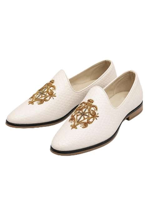White Zari Embroidery Jutti for Men Pull on Ethnic Wear