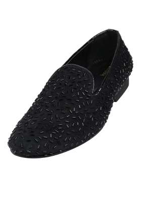 Tanny Shoes Mens Soft Touch Black Velvet Hand Embroidered Katdana Work Slip on Juttis and Mojaris for Bridal
