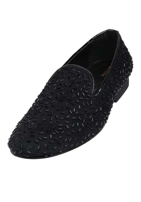 Tanny Shoes Mens Soft Touch Black Velvet Hand Embroidered Katdana Work Slip on Juttis and Mojaris for Bridal