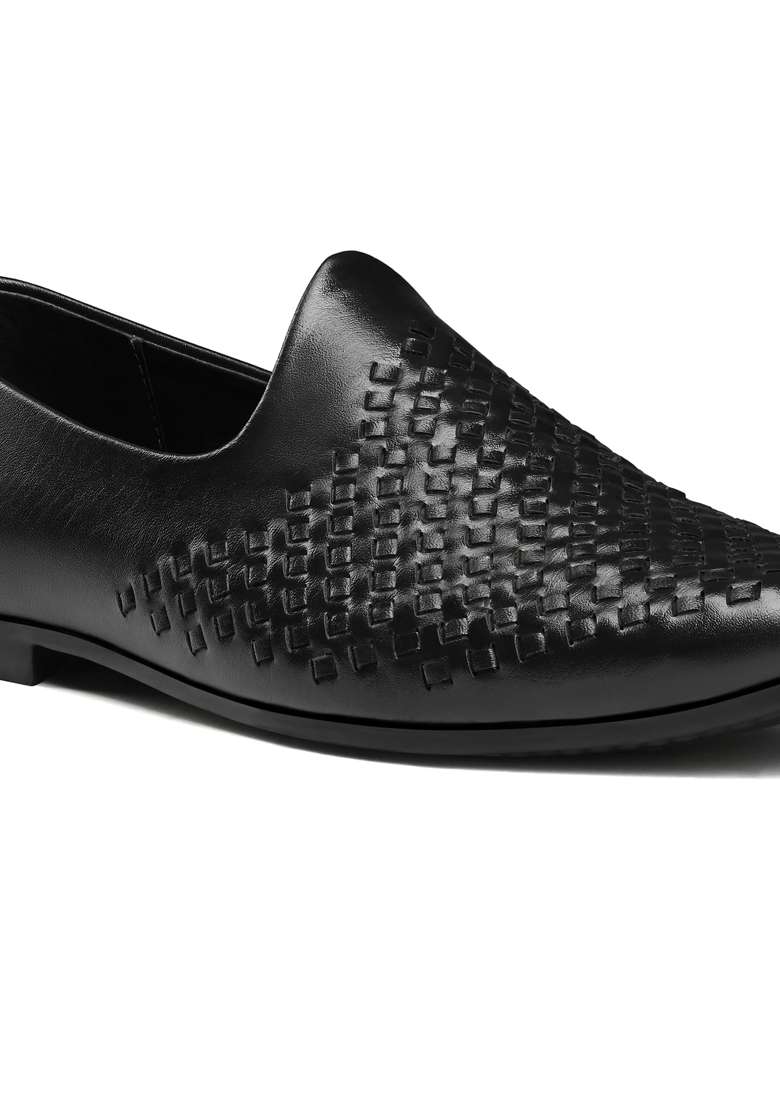Louis Stitch Mens Jet Black Ethnic Weaved Textured Slip on Mojaris - Indya