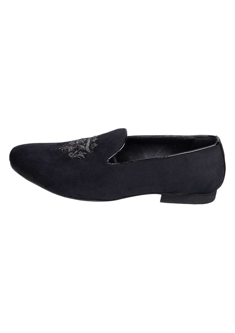 Tanny Shoes Mens Soft Touch Black Velvet Zardozi Hand Embroidery Motif Slip on Jutti for Bridal Party Casual - Indya
