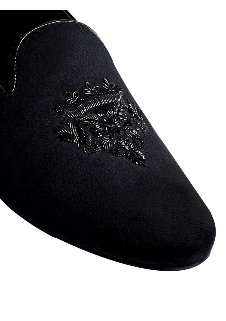 Tanny Shoes Mens Soft Touch Black Velvet Zardozi Hand Embroidery Motif Slip on Jutti for Bridal Party Casual - Indya