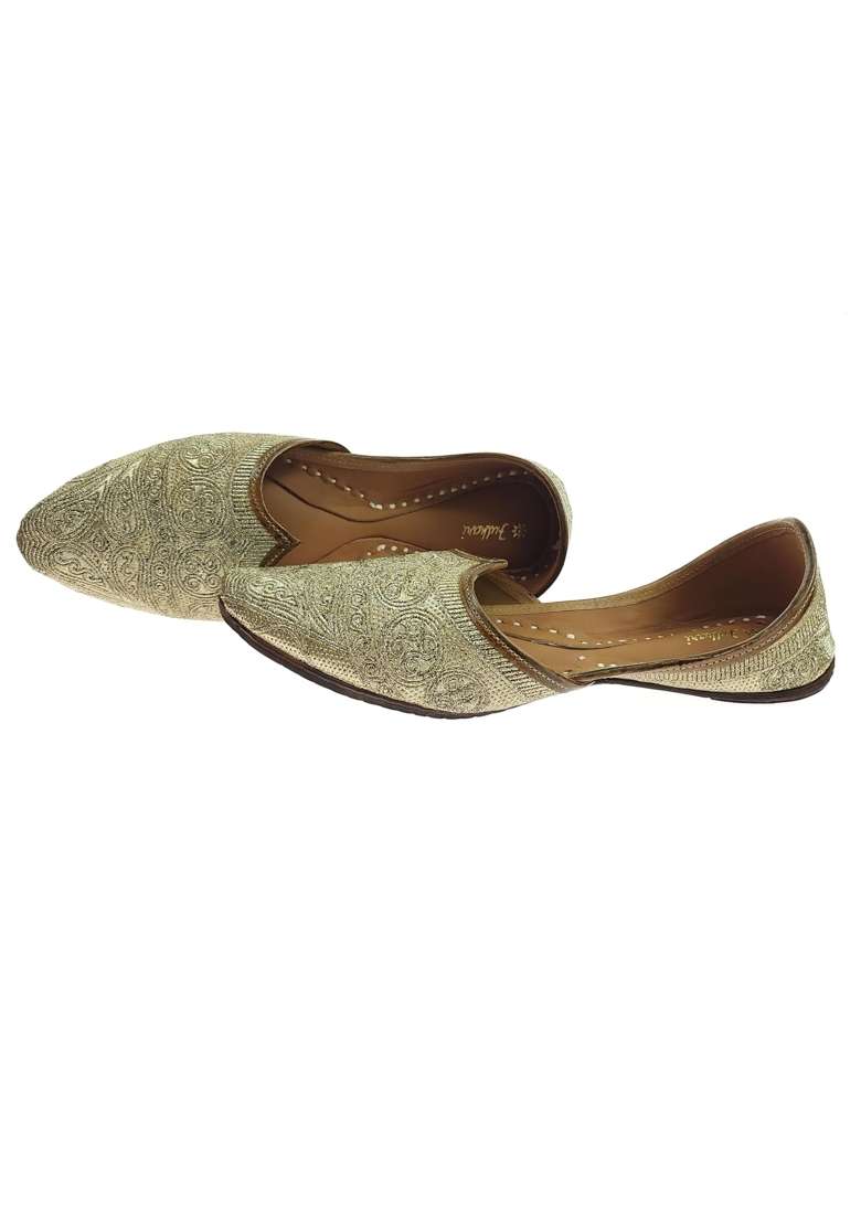 Fulkari Men Gold Zarri Embroidered Genuine Soft Leather Formal Jutis - Indya