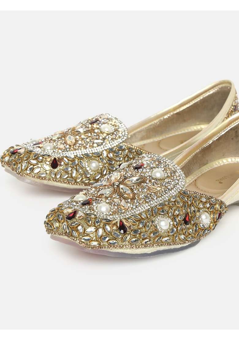 Marc Loire Gold Womens Embellished Ethnic Mojaris Traditional Slip on Flat Footwear with Cushioned Insole - Indya