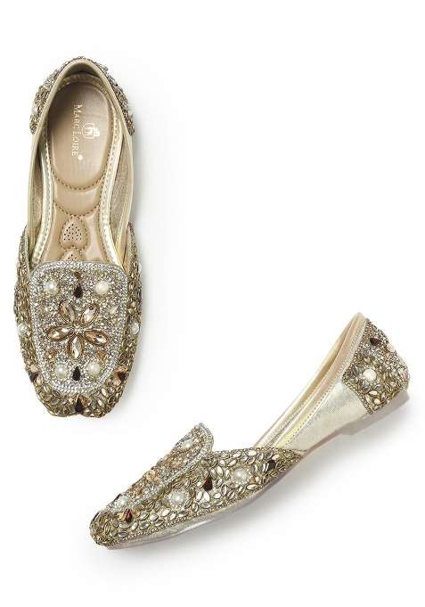 Marc Loire Gold Womens Embellished Ethnic Mojaris Traditional Slip on Flat Footwear with Cushioned Insole