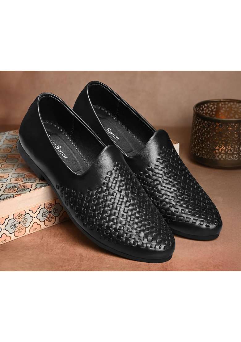 Louis Stitch Mens Jet Black Ethnic Weaved Textured Slip on Mojaris - Indya