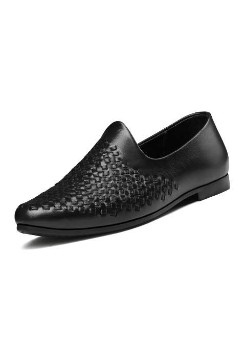 Louis Stitch Mens Jet Black Ethnic Weaved Textured Slip on Mojaris
