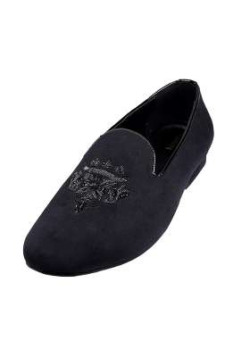 Tanny Shoes Mens Soft Touch Black Velvet Zardozi Hand Embroidery Motif Slip on Jutti for Bridal Party Casual