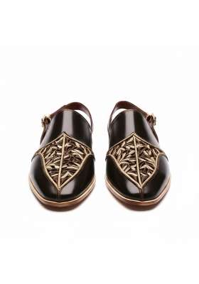 Costoso Italiano Mens Black Leather Peshawari Sandals Handcrafted Embroidered Slip on Ethnic Sandals
