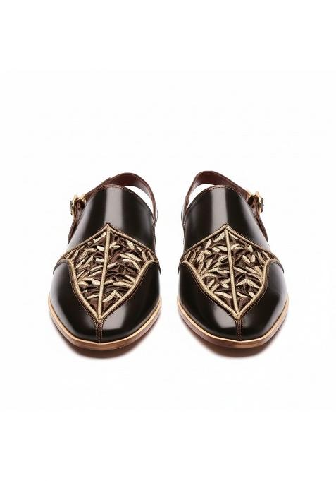 Costoso Italiano Mens Black Leather Peshawari Sandals Handcrafted Embroidered Slip on Ethnic Sandals