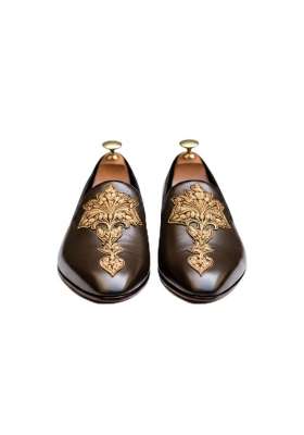Costoso Italiano Mens Brown Leather Loafers Gold Embroidered Slip on Shoes