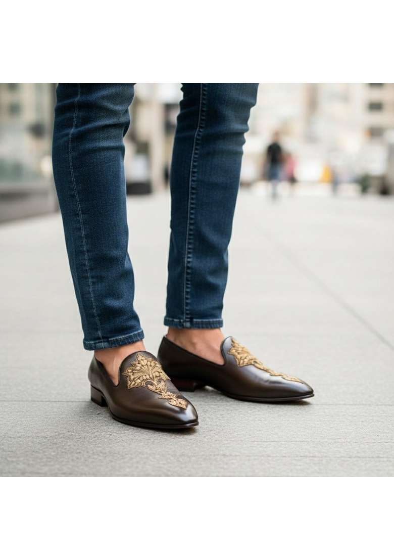 Costoso Italiano Mens Brown Leather Loafers Gold Embroidered Slip on Shoes - Indya
