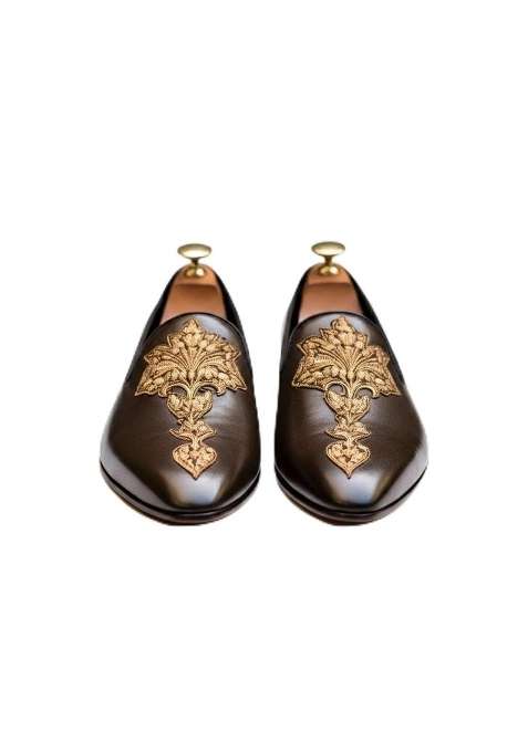 Costoso Italiano Mens Brown Leather Loafers Gold Embroidered Slip on Shoes