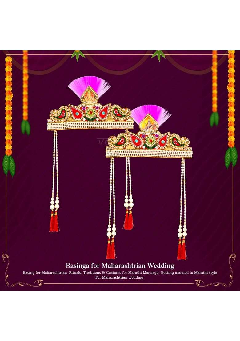 Vedic Vaani Multicolour Maharashtrian Wedding Shubh Lagn Traditional Ganpati Saraswati Bashing Basing 2 Pcs - Indya