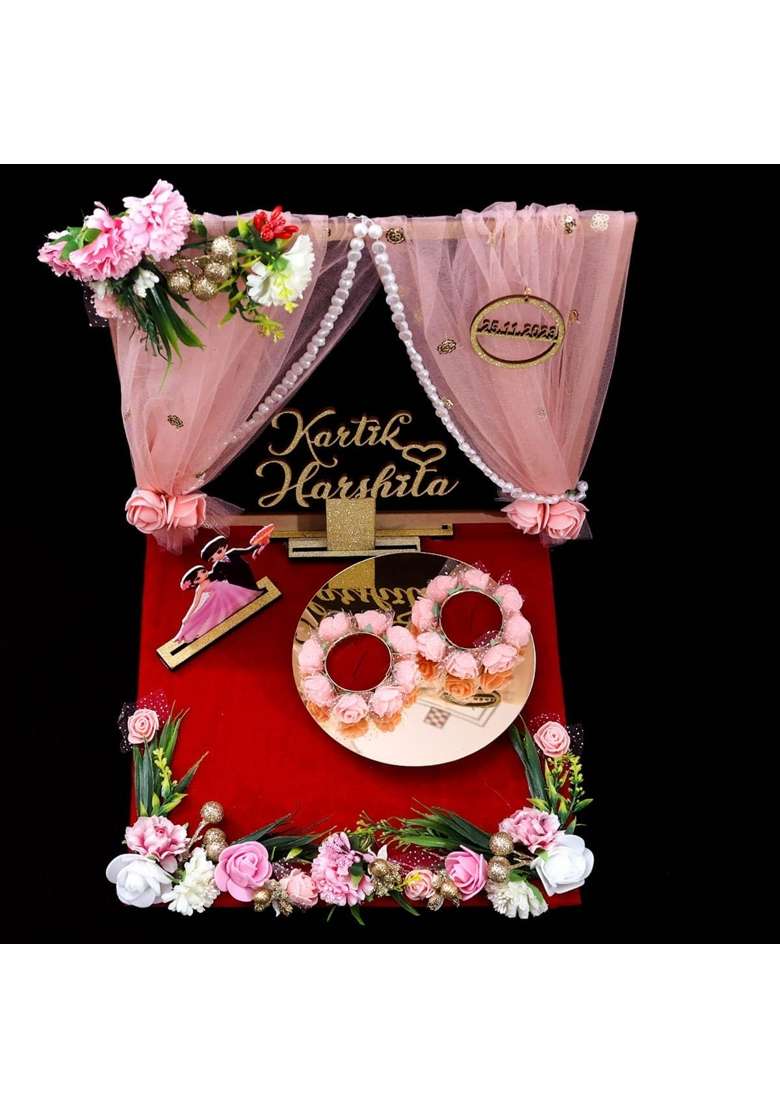 The Bride MADE Wood Engagement Ring Platter Acrylic Bride and Groom Name Sagai Ceremony Date Premium Segment - Indya