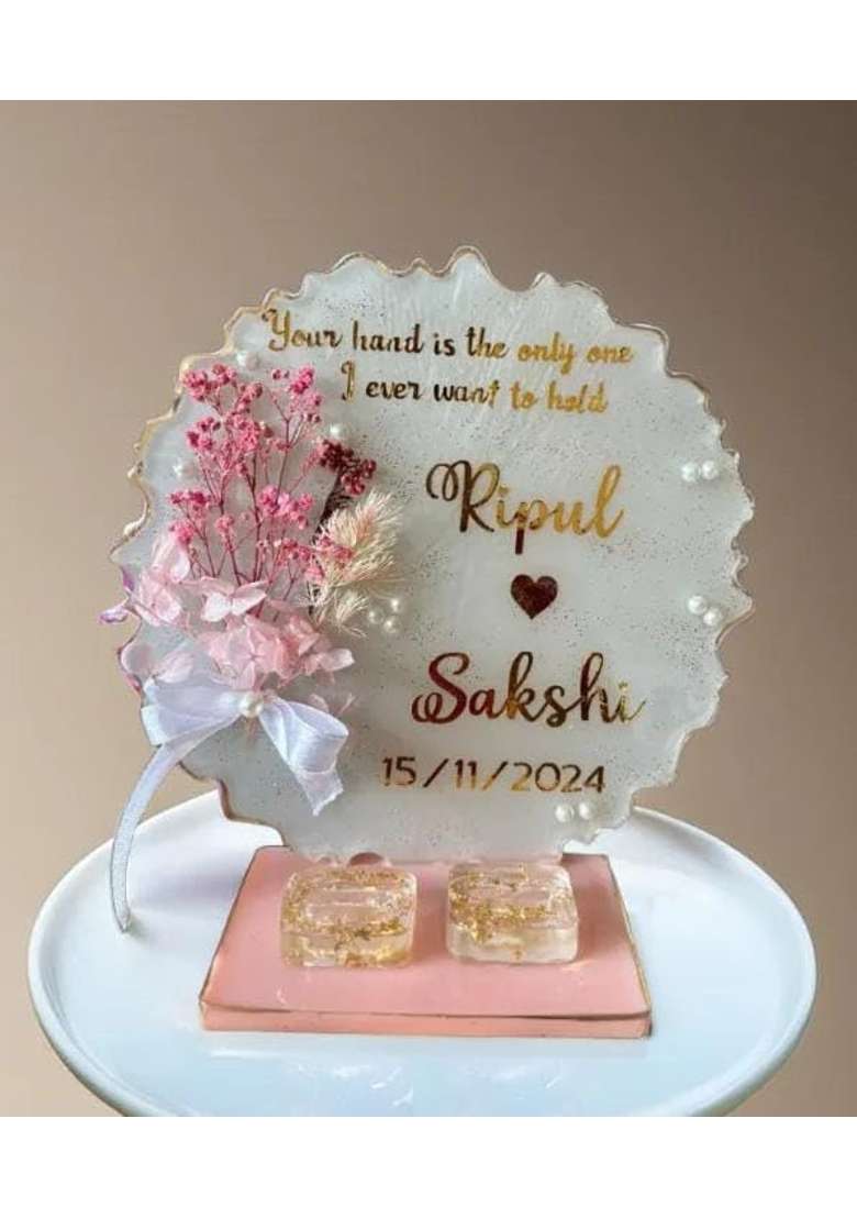 Shyama Craft White Resin Engagement Round Ring Platter with 2 Ring Holder and Resin Stand - Indya