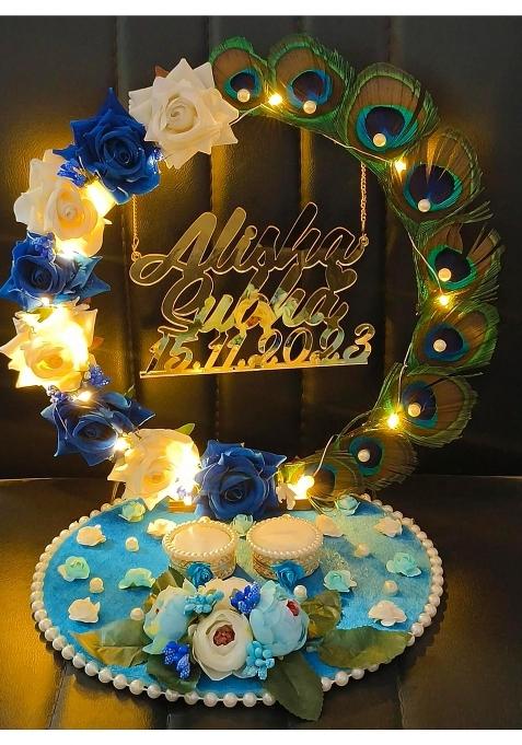 Mridang Engagement Ring Platter with Name Hoop Blue Flowers with Customise Name Wedding