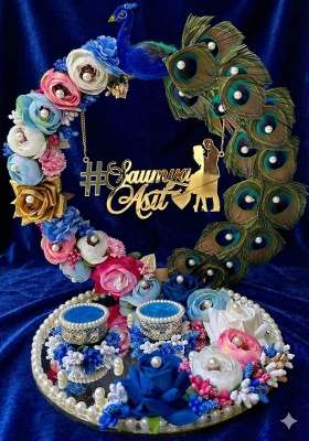 Mridang Engineered Wood Peacock Design with Feathers Engagement Ring Platter Stylish Wedding Ring Platters