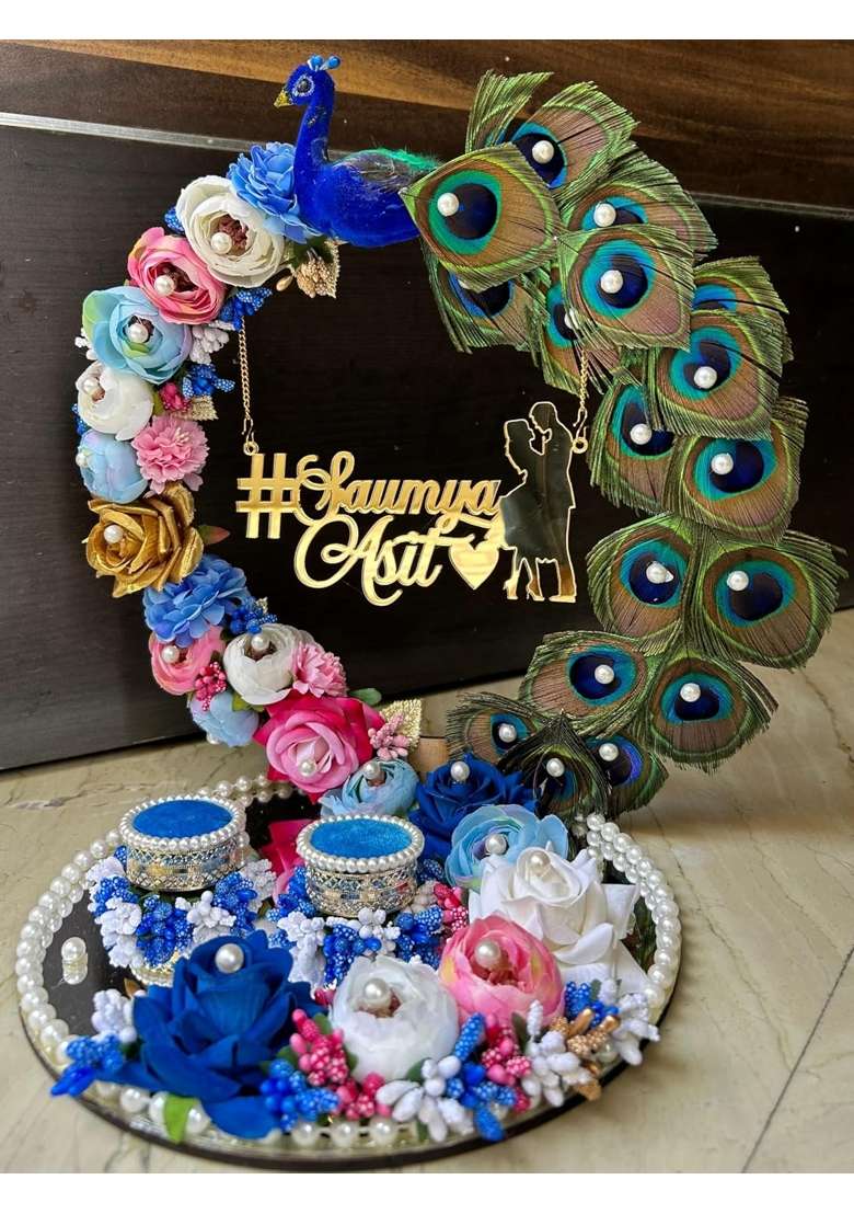 Mridang Engineered Wood Peacock Design with Feathers Engagement Ring Platter Stylish Wedding Ring Platters - Indya