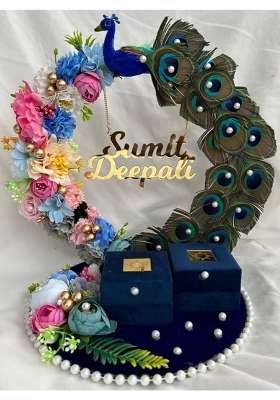 Mridang Multicolour Peacock Design with Feathers Engagement Ring Platter Stylish Wedding Ring Platters