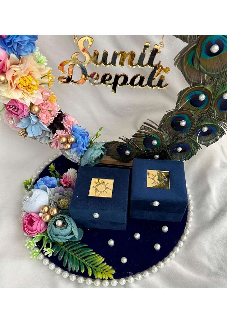 Mridang Multicolour Peacock Design with Feathers Engagement Ring Platter Stylish Wedding Ring Platters - Indya