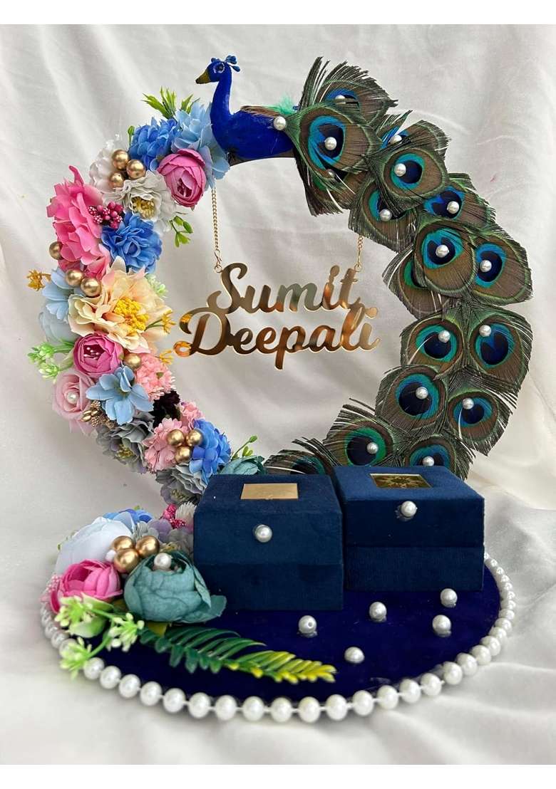 Mridang Multicolour Peacock Design with Feathers Engagement Ring Platter Stylish Wedding Ring Platters - Indya