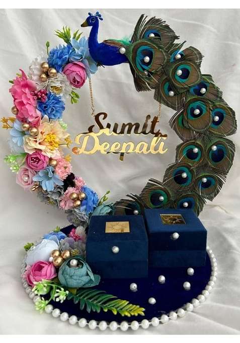 Mridang Multicolour Peacock Design with Feathers Engagement Ring Platter Stylish Wedding Ring Platters