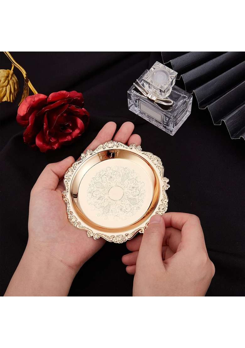 Craspire Vintage Gold Carved Alloy Decorative Tray for Jewelry Rings Cosmetics Fruit Wedding Party - Indya