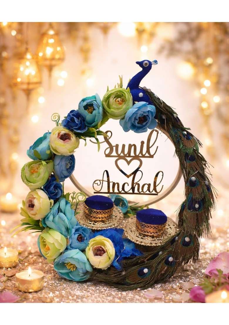 Smart Creations Multicolor Giftsbouquet Peacock Theme Ring Platter for Engagement and Wedding - Indya