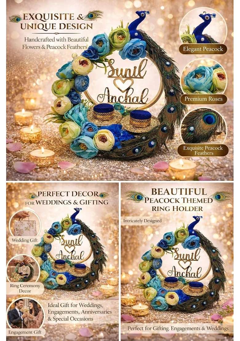 Smart Creations Multicolor Giftsbouquet Peacock Theme Ring Platter for Engagement and Wedding - Indya