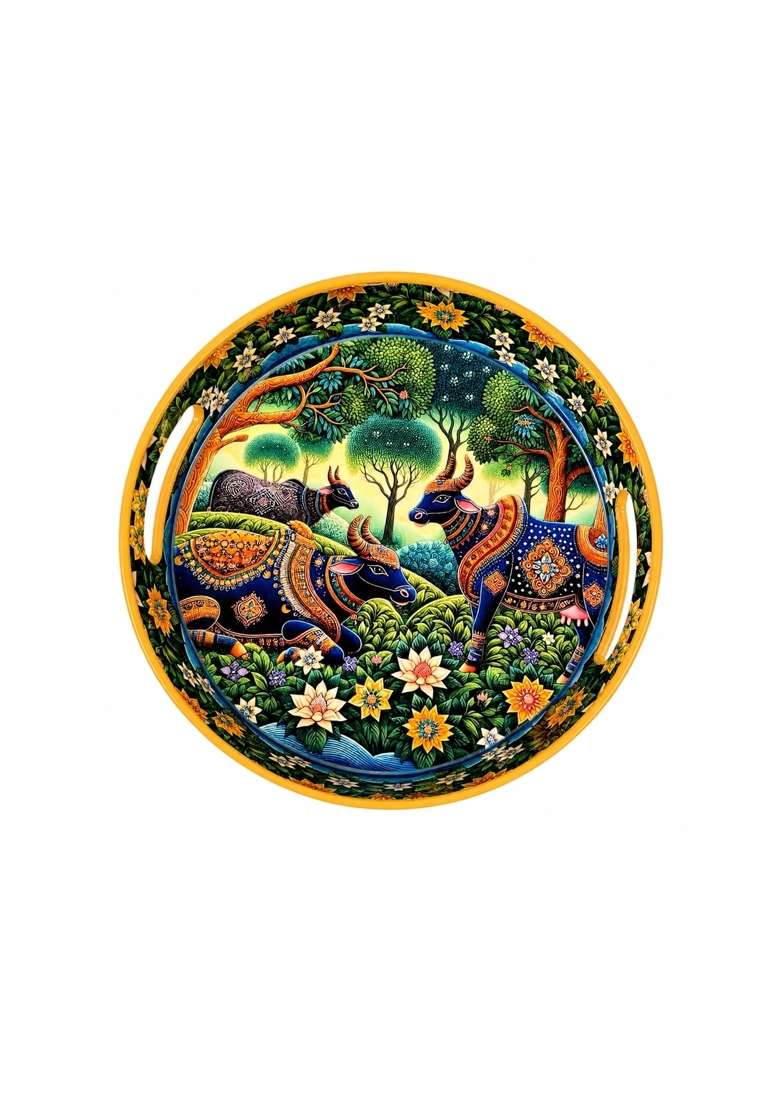 Pavitra Uphaar Large Pichwai Art Round Serving Tray 15 Inch Solid Wood Platter with Sacred Cow Design - Indya