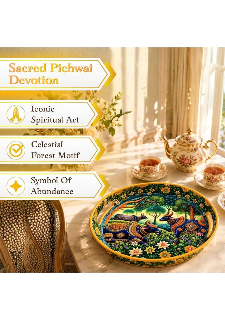 Pavitra Uphaar Large Pichwai Art Round Serving Tray 15 Inch Solid Wood Platter with Sacred Cow Design - Indya