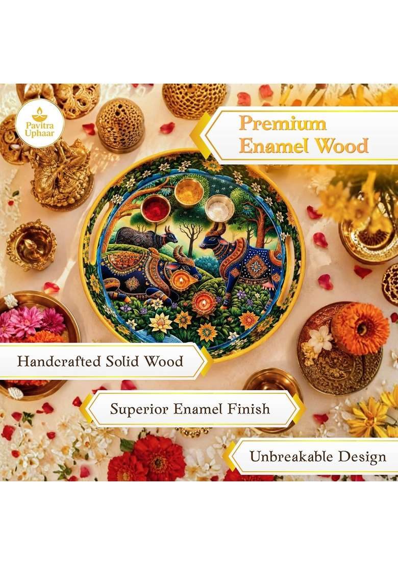 Pavitra Uphaar Large Pichwai Art Round Serving Tray 15 Inch Solid Wood Platter with Sacred Cow Design - Indya