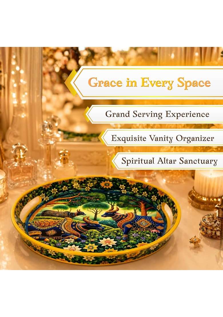 Pavitra Uphaar Large Pichwai Art Round Serving Tray 15 Inch Solid Wood Platter with Sacred Cow Design - Indya