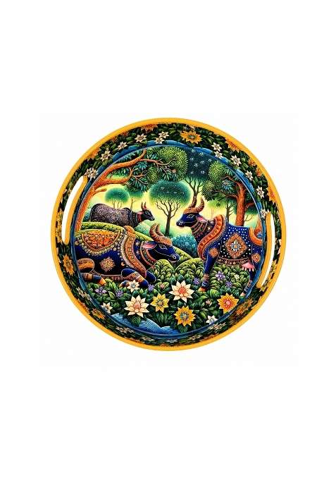 Pavitra Uphaar Large Pichwai Art Round Serving Tray 15 Inch Solid Wood Platter with Sacred Cow Design