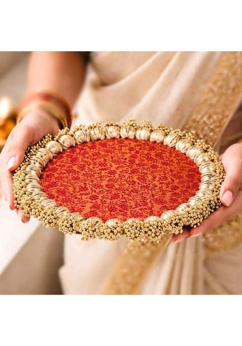 Satyam Kraft 3 Pc Handmade Jhumkhi Platter 10 Inch with Gota Patti and Golden Moti