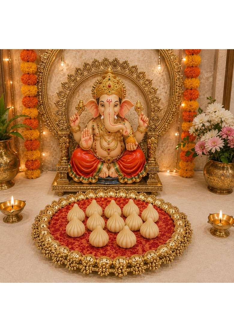 Satyam Kraft 6 Pc Handmade Jhumki Platter 10 Inch with Gota Patti and Golden Moti - Indya
