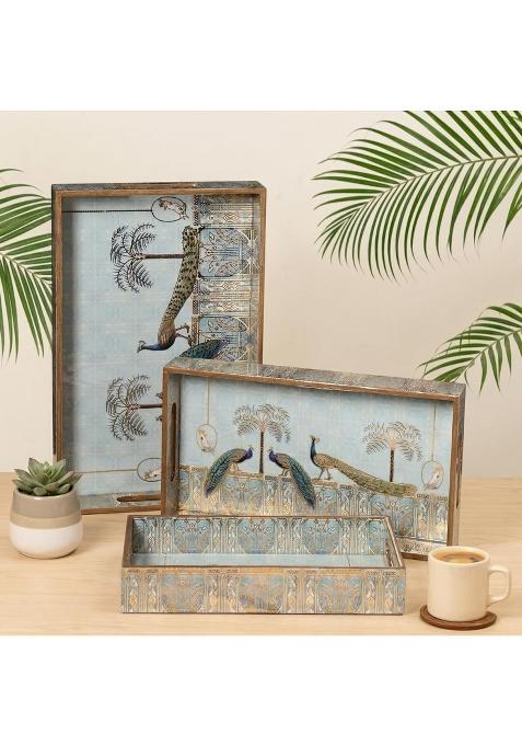 Homeshastra Wooden Serving Tray with Gold Engraving Size 16 X 10 Inch 14 X 8 Inch and 12 X 6 Inch Set of 3