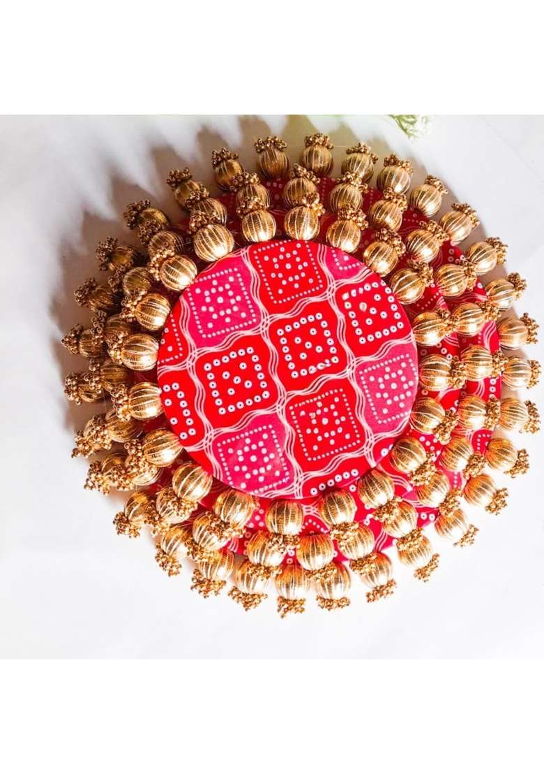 Dhaga Home Storiee Handmade Jhumki Platter 12 Inches with Gota Patti and Golden Moti - Indya