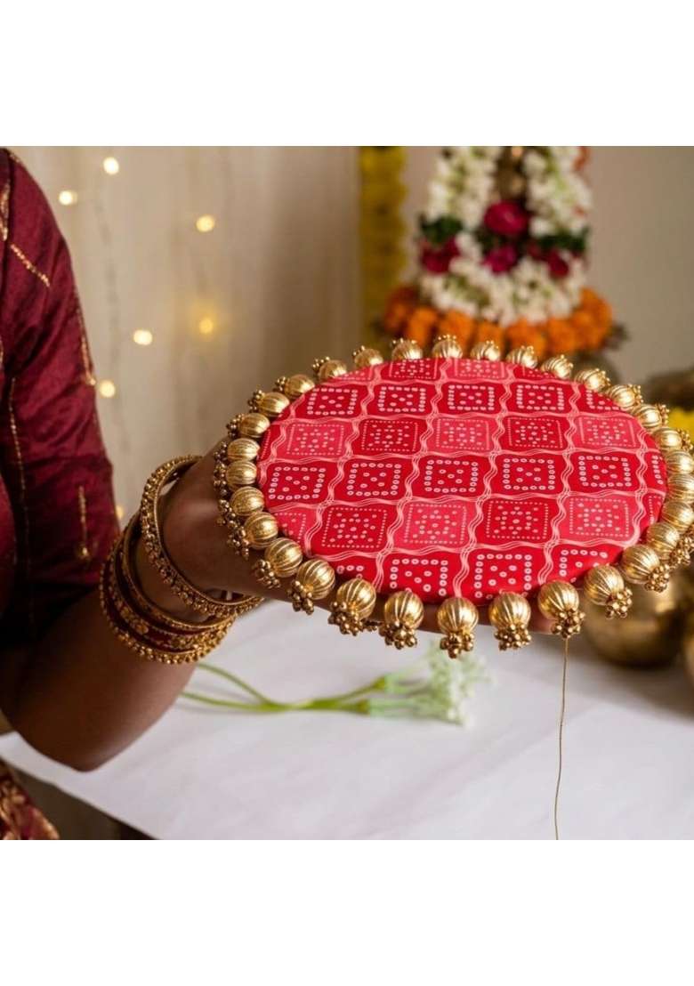Dhaga Home Storiee Handmade Jhumki Platter 12 Inches with Gota Patti and Golden Moti - Indya